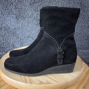 La Canadienne Sanford Suede Wedge Boots Womens 7 Black Side Zip Made in Canada